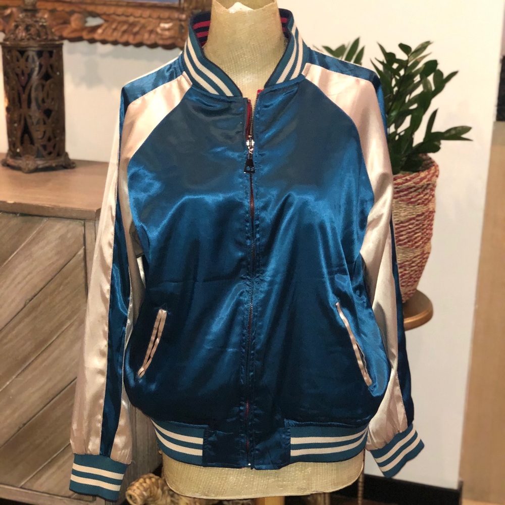 Teal to Red Reversible Embroidered Bomber Jacket